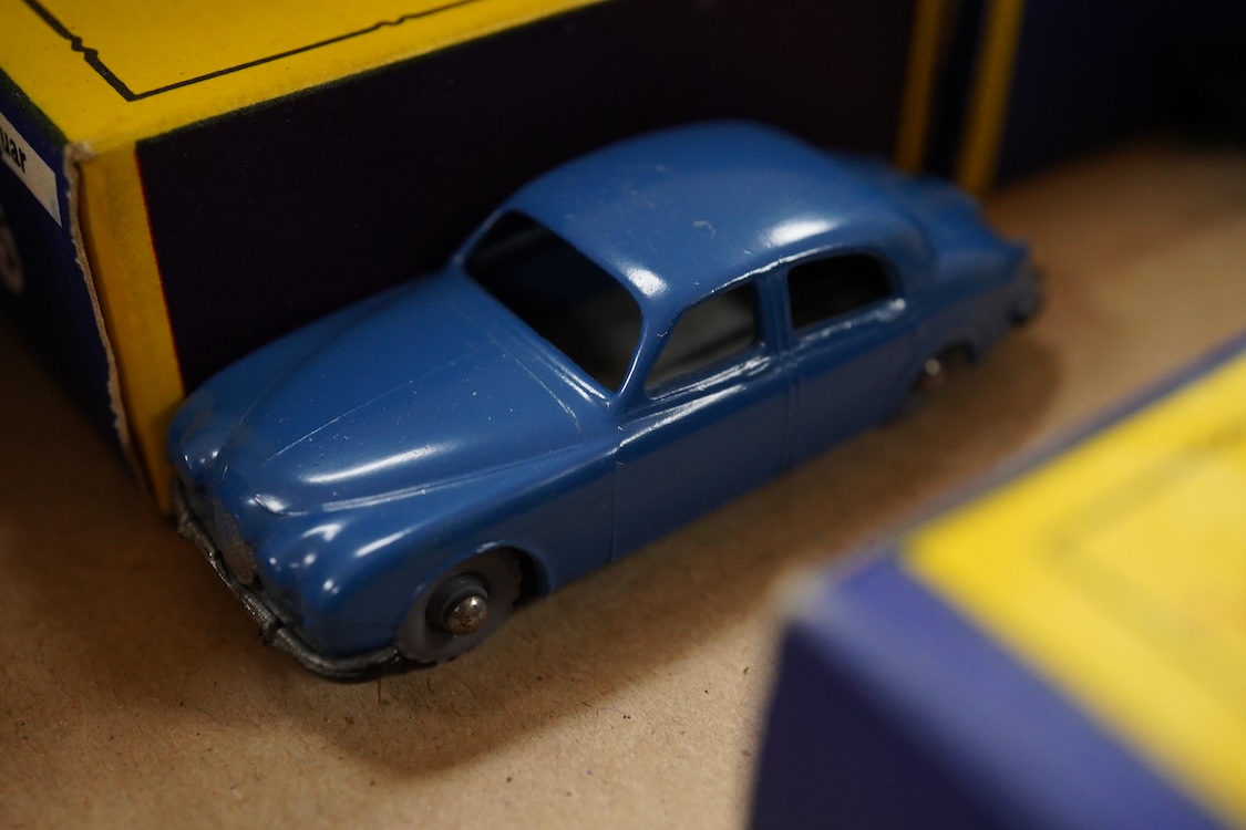 Eleven boxed Matchbox Series 1-75 regular wheels vehicles; 46; Morris Minor, 48; Meteor sports boat and trailer, 50; Commer pick-up truck (creasing to one end of the box), 54; Saracen personnel carrier, 55; DUKW amphibia